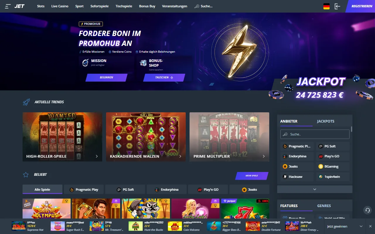 Home page of jet.casino (screenshot)